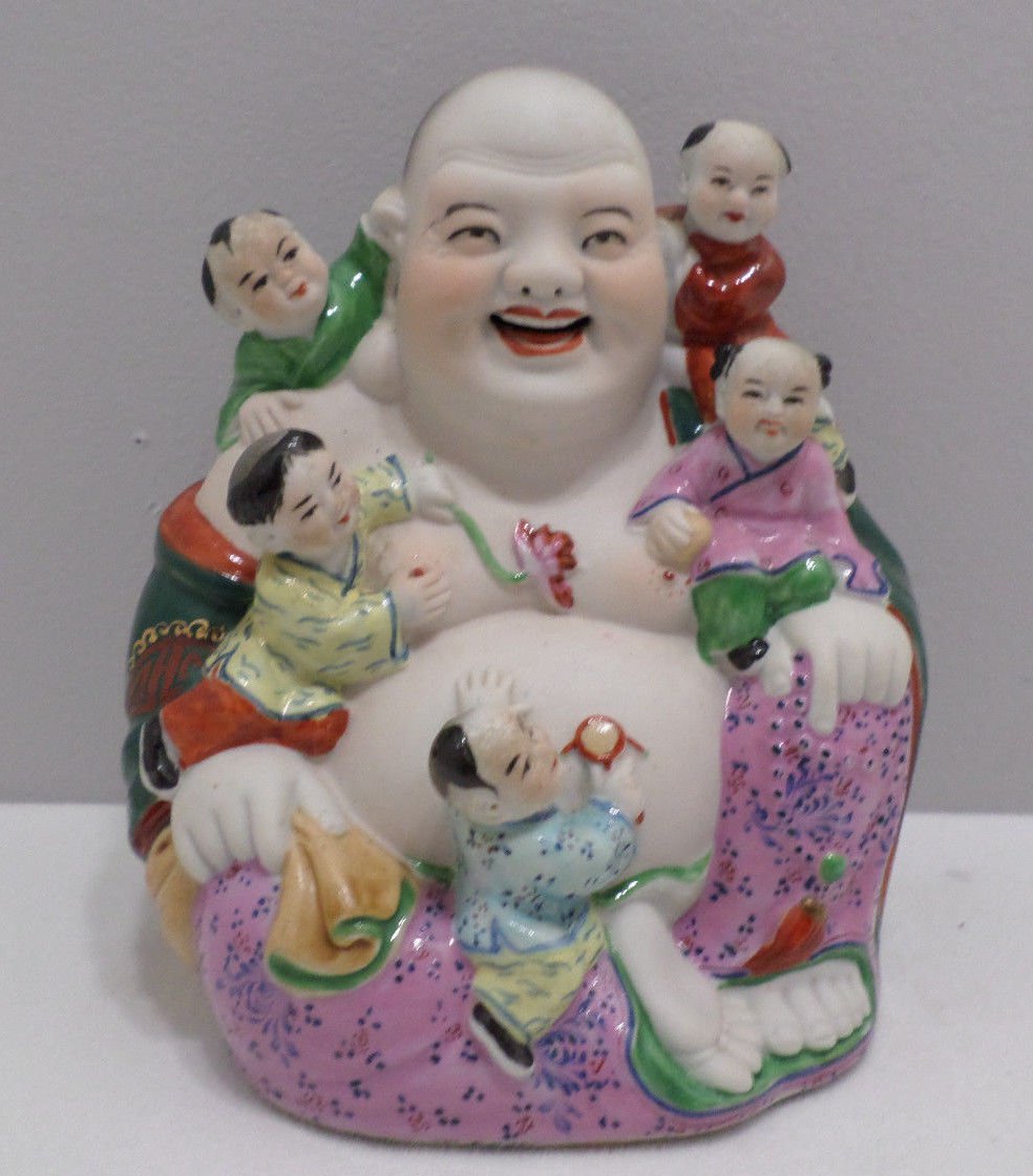 Antique Chinese Happy Buddha with 5 Children Storyteller Statue Stamped ...