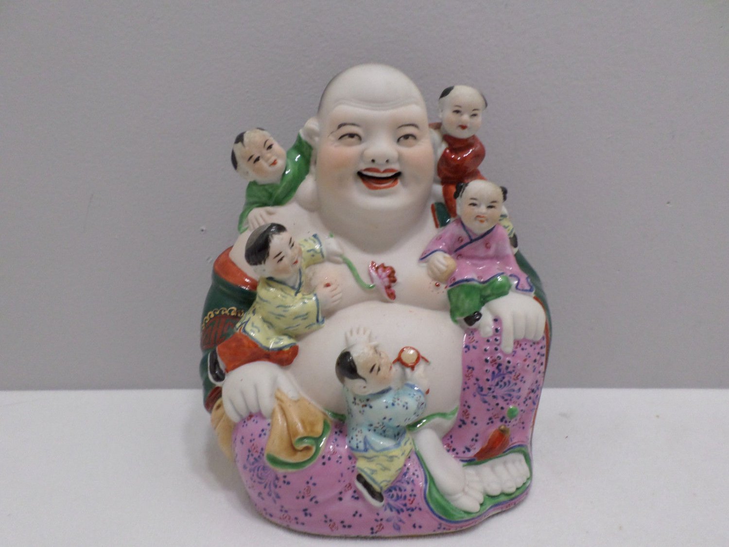 Chinese Laughing Buddha with 5 Children Statue Stamped on Bottom