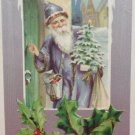 Antique Christmas Postcard Santa Claus Dressed in Blue Knocking on Door Germany