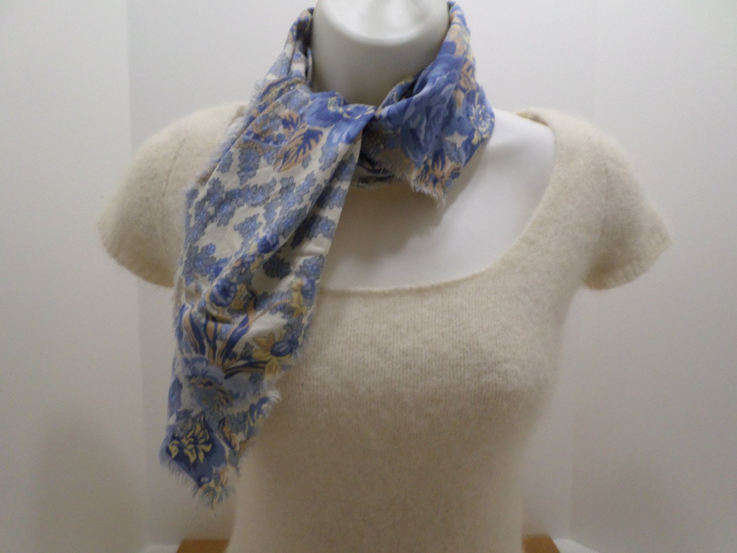 Vintage Scarf with Fringed Edges Off White with Blue Roses Tan Leaves Paisley
