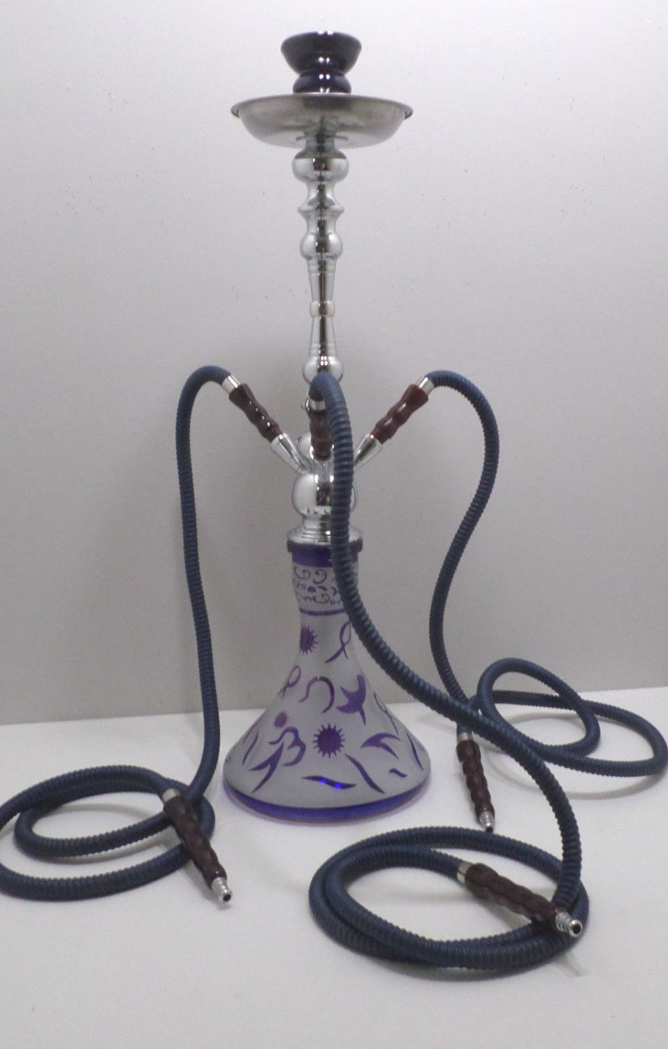 Hookah 3 Hoses Frosted Clear Glass Cobalt Blue Design Egyptian Style 24" Tall
