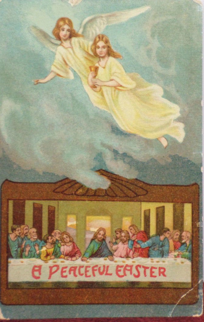Antique Easter Postcard Lord's Supper Angels Glossy Posted Divided