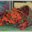 Antique  Postcard Birthday Basket of Red Flowers Embossed Unposted Germany