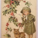 Antique Christmas Postcard Little Girl and Dog Embossed Posted Divided