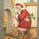 Christmas postcard Santa Claus filling stockings embossed posted divided