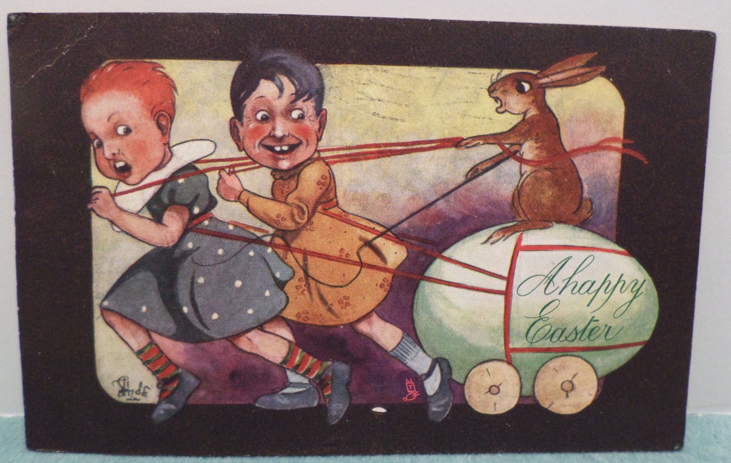 1906 Easter Postcard Children Pulling Rabbit on Egg Tuck & Sons Posted Divided