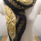 Vintage Womens Scarf 100% Silk Blue Gold Black Purple with a Face in the Middle