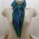 Vintage Scarf with Glass Beads on the Corners Green Purple Blue White 27 x 28