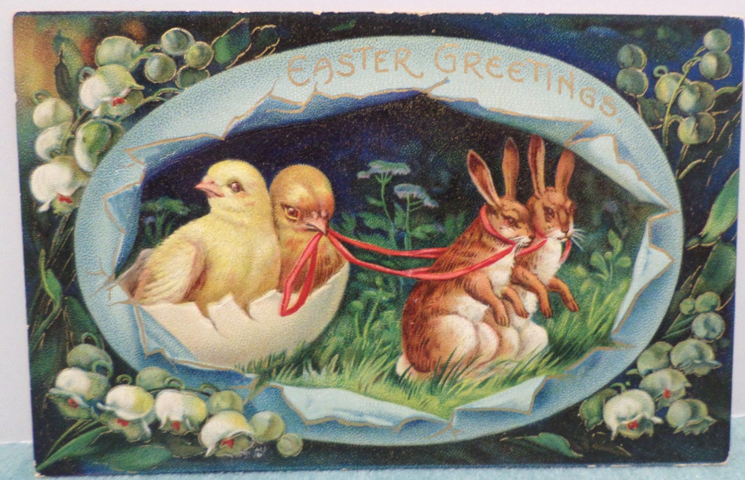 1912 Easter Postcard Rabbits Pulling an Egg Shell of Chicks Germany Posted
