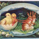 1912 Easter Postcard Rabbits Pulling an Egg Shell of Chicks Germany Posted