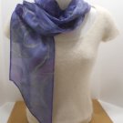 Vintage Ladies Scarf 100% Polyester Blue with Purple Roses Silver Outlines