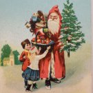 Antique 1909 Christmas Postcard Santa Claus Gives Children a Basket of Fruit