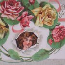 Antique Birthday Postcard Little Girl pink Yellow Roses Unposted Embossed