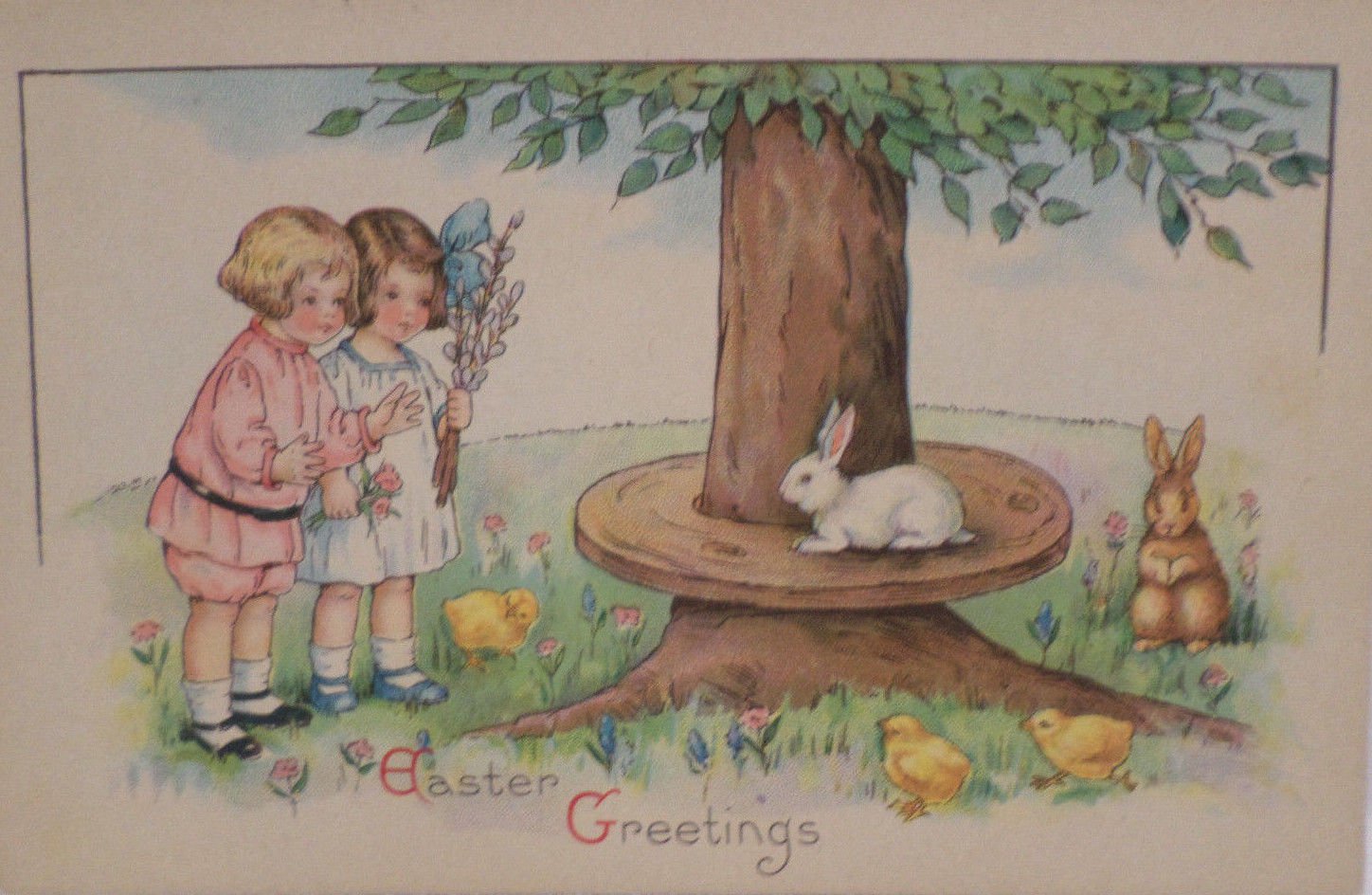 Antique Easter Postcard Rabbits Chicks children Posted Divided