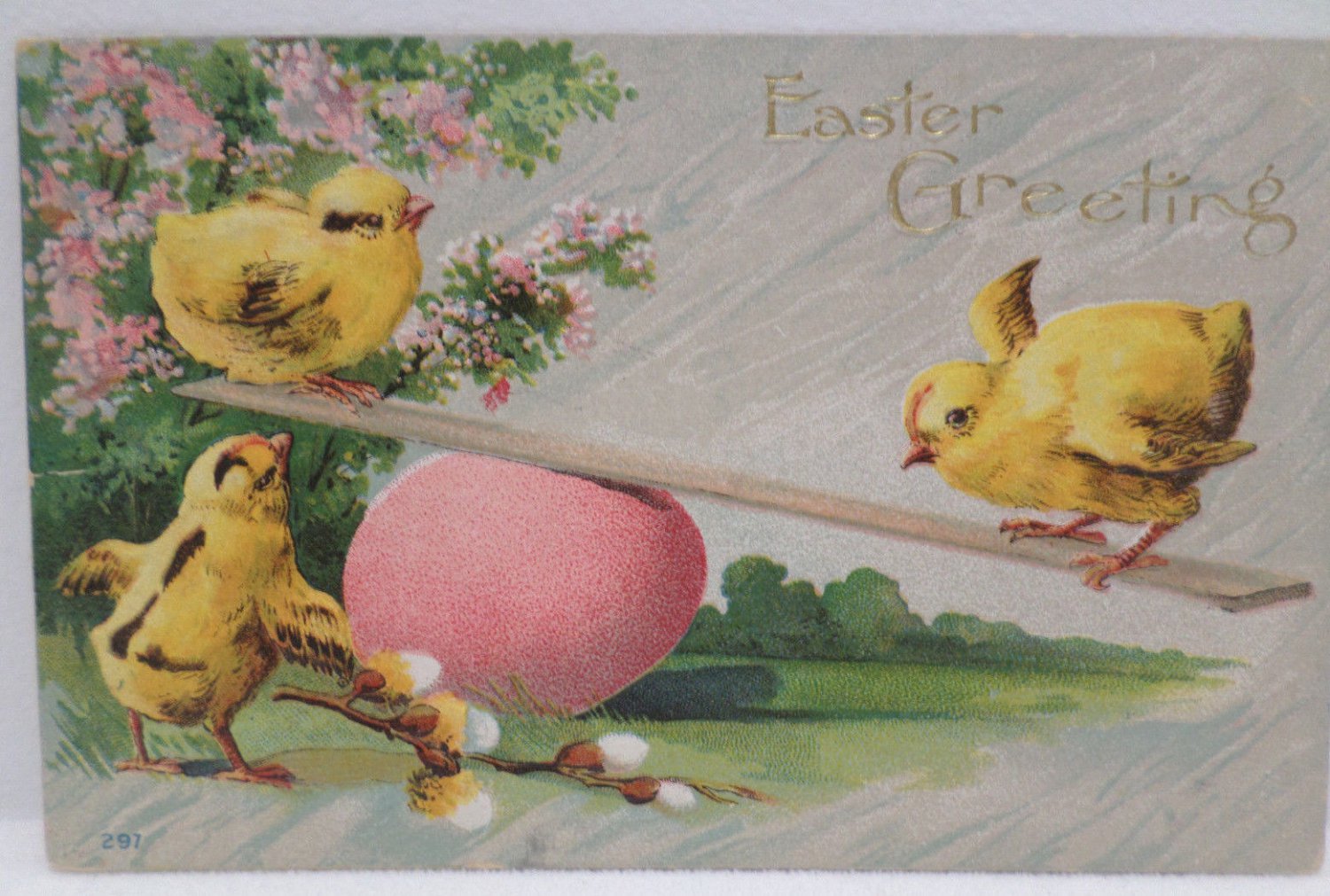 Antique Easter Postcard Baby Chicks Egg Embossed Posted Divided