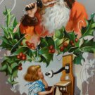Antique Christmas Postcard Santa Claus Talking on Telephone with Little Girl
