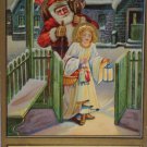 Antique Christmas Postcard Santa Claus Delivering Toys Following Girl into House