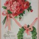 Antique Happy Birthday Postcard Red Pink Roses Green Horse Shoe Unposted divided