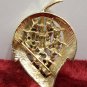 Brooch Gold Tone Metal Leaf with Green Rhinestones Costume Jewelry