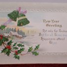 Antique 1913 New Year Postcard Holly Bells Posted Divided Embossed
