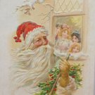 Antique Christmas Postcard Santa Claus Two Little Girls Looking out Window 1910