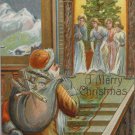 Christmas Postcard Santa Claus Walking Upstairs with Presents Embossed Unposted