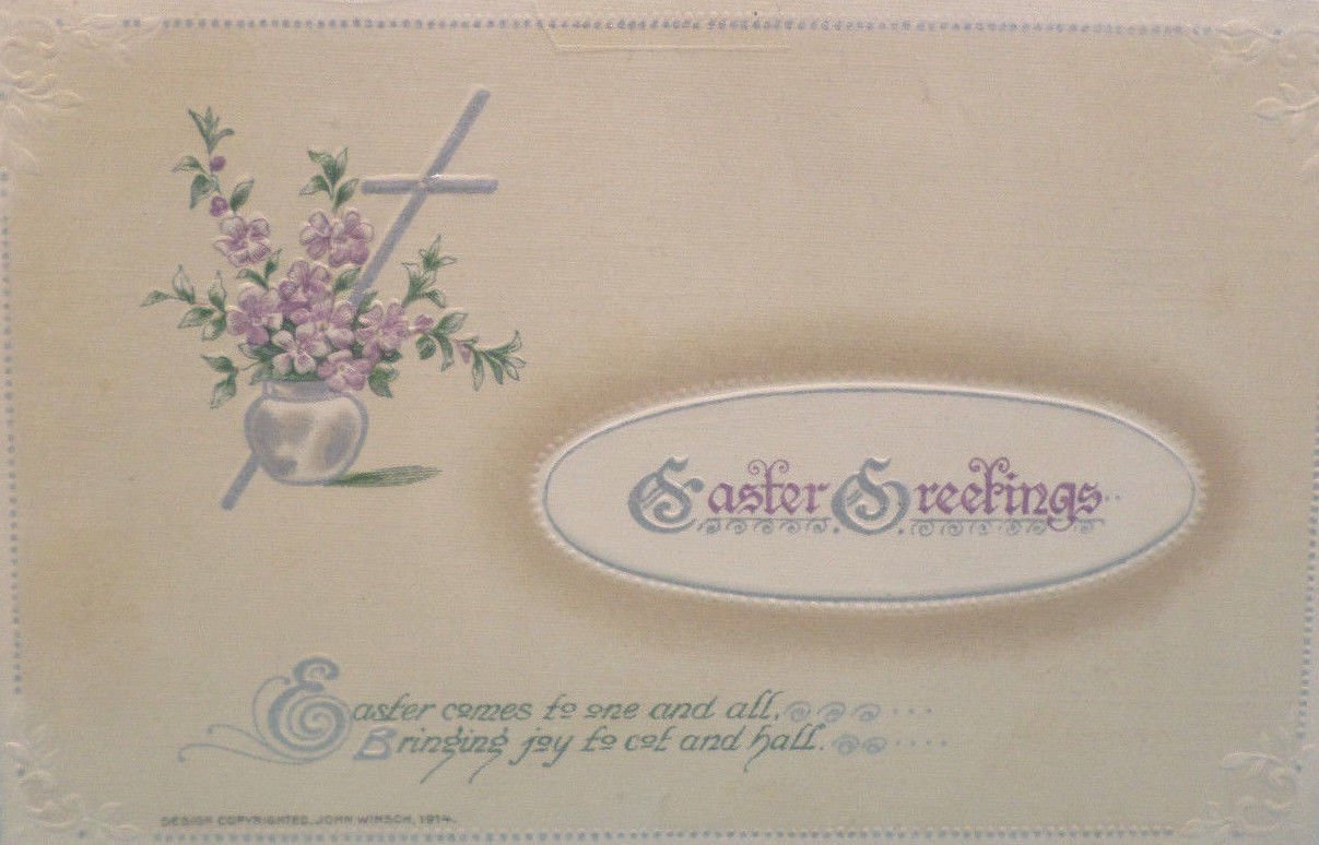 1914 Easter Postcard Puple Floral Winsch Embossed Unposted Divided