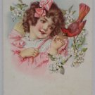 Antique Postcard Little Girl and Red Robin Posted and Divided