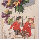 Antique Christmas Postcard Little Girls Embossed Unposted Divided