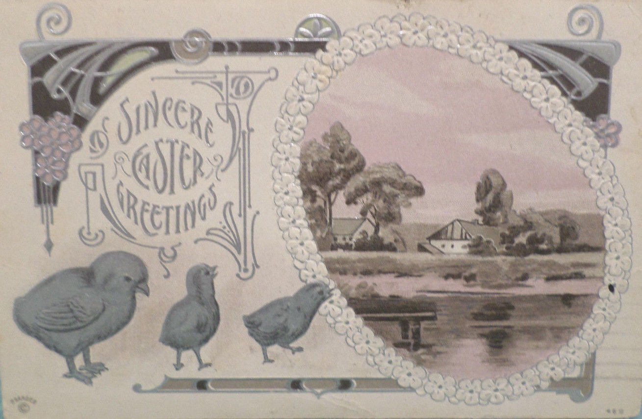 Antique Easter Postcard Chicks Embossed Posted Divided