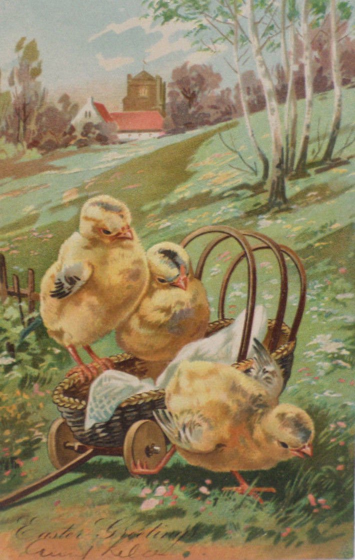 Antique Easter Postcard Chicks on Wagon Embossed Posted Undivided