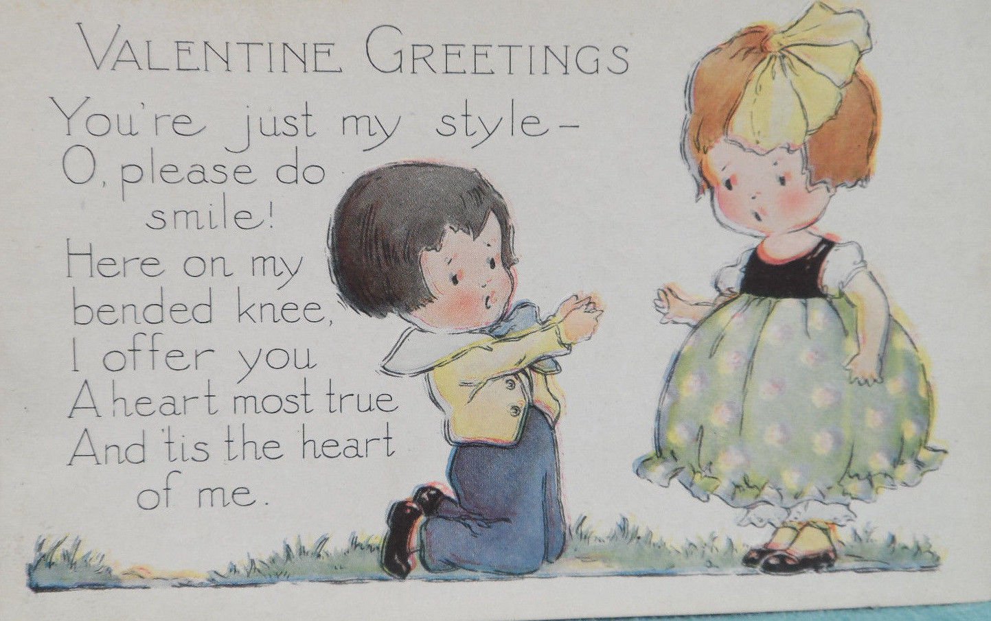 Antique Valentine Postcard Little Boy on Bent Knees Divided and Unposted