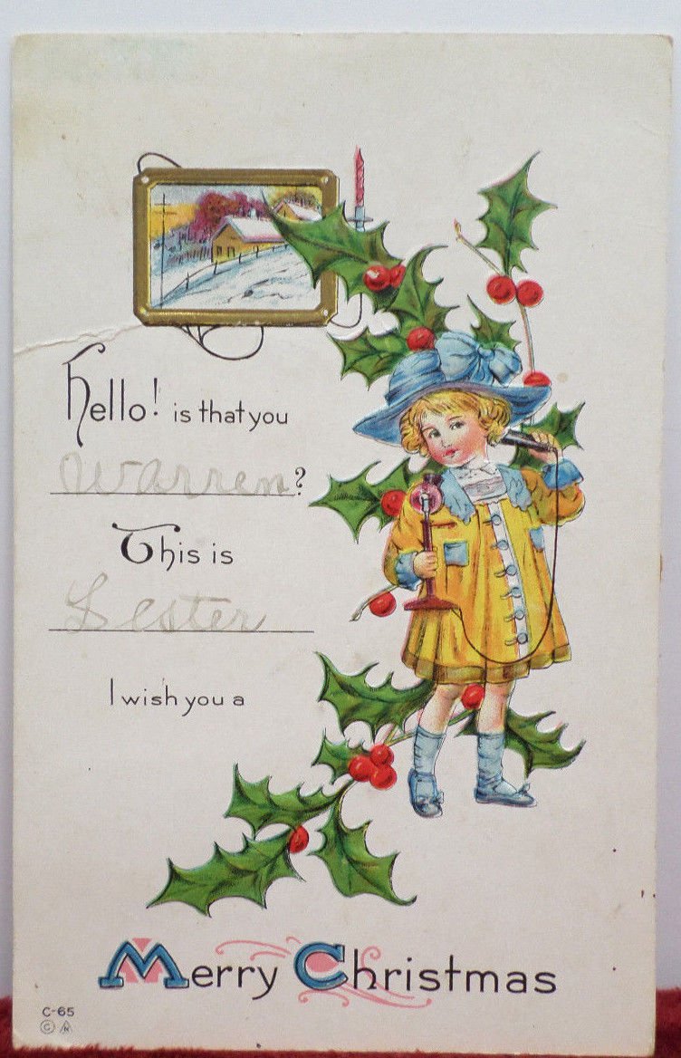 Antique Christmas Postcard  Little Girl with Holly Embossed Unposted Divided