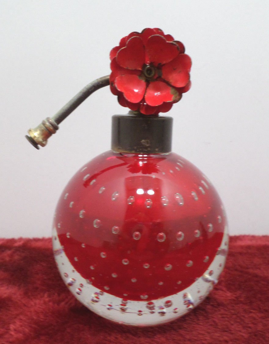 Antique Perfume Bottle Ruby Red Clear Crystal Suspended Bubbles Art Deco