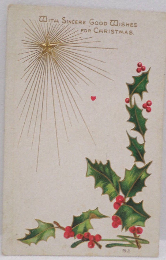 Antique Christmas Postcard Green Holly Gold Star Posted Divided