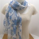Vintage Ladies Scarf 100% Lenin White with Blue Floral Design Fringe