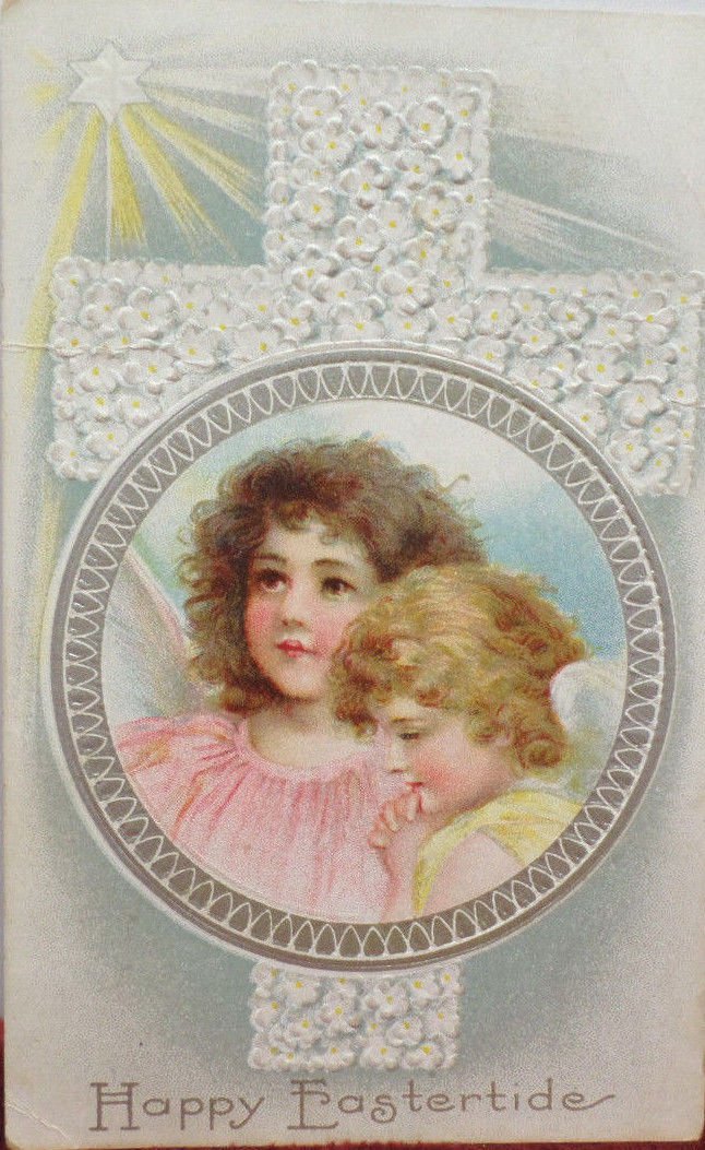 Antique Easter Postcard Angels Embossed Posted Divided