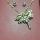 Necklace and Earrings Gift Set Crystal Dragon Fly Pendant Gold Tone Metal Chain