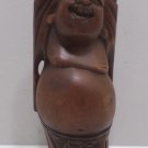 Chinese Laughing Buddha Hand Carved Teak Wood Artist Initials Carved on the Back