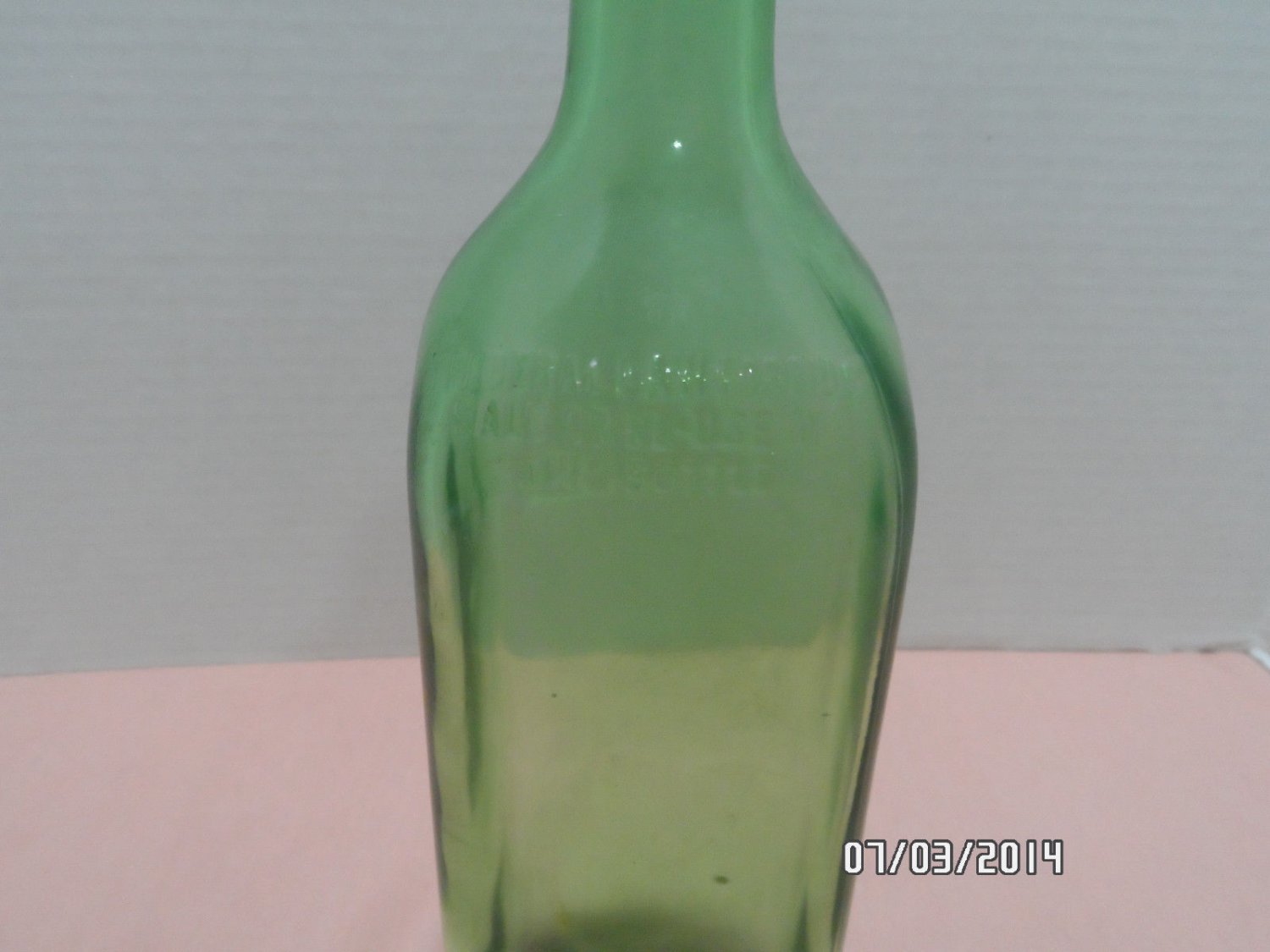 Saurs Liquor Bottle Green Glass Square 10 1/2" Tall J R Nieves and CIA.