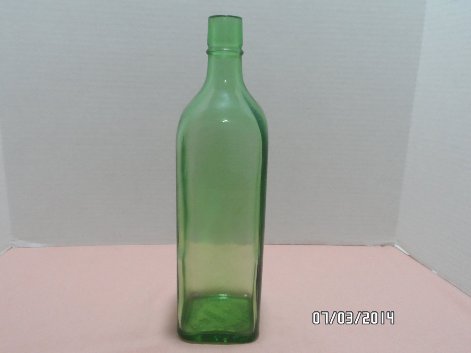 Saurs Liquor Bottle Green Glass Square 10 1/2