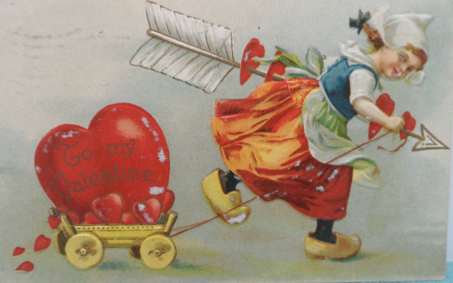 1909 Valentine Postcard Little Girl with Hear in Wagon Germany Posted Embossed