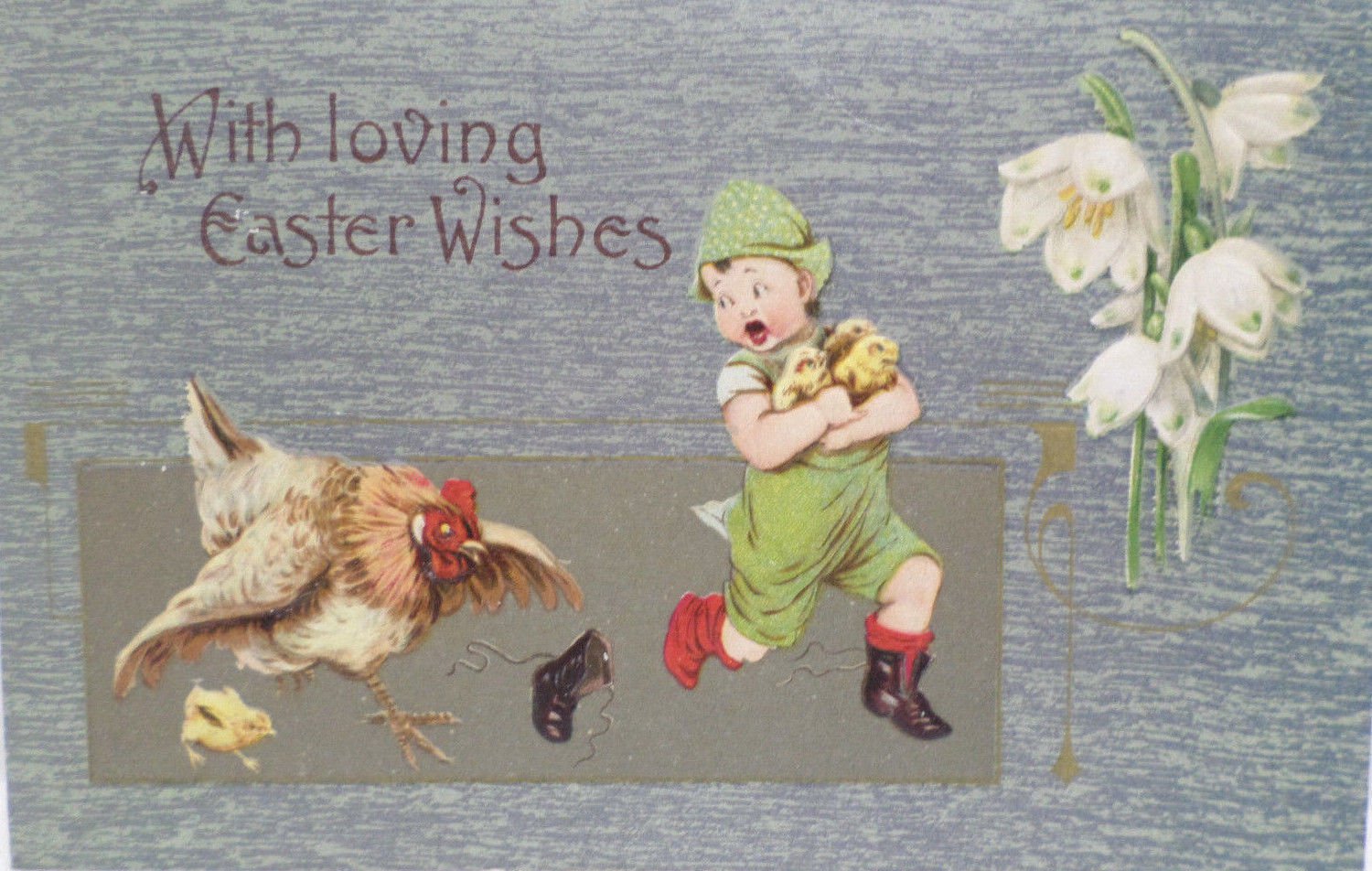 Antique Easter Postcard Chicken Chasing Boy That has her Chicks Unposted