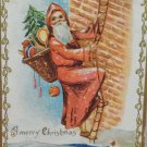Antique Christmas Postcard Santa Claus Climbing up Side of House Embossed Posted
