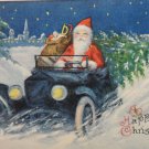 Christmas Postcard Santa Claus Driving a Blue Car made in the USA