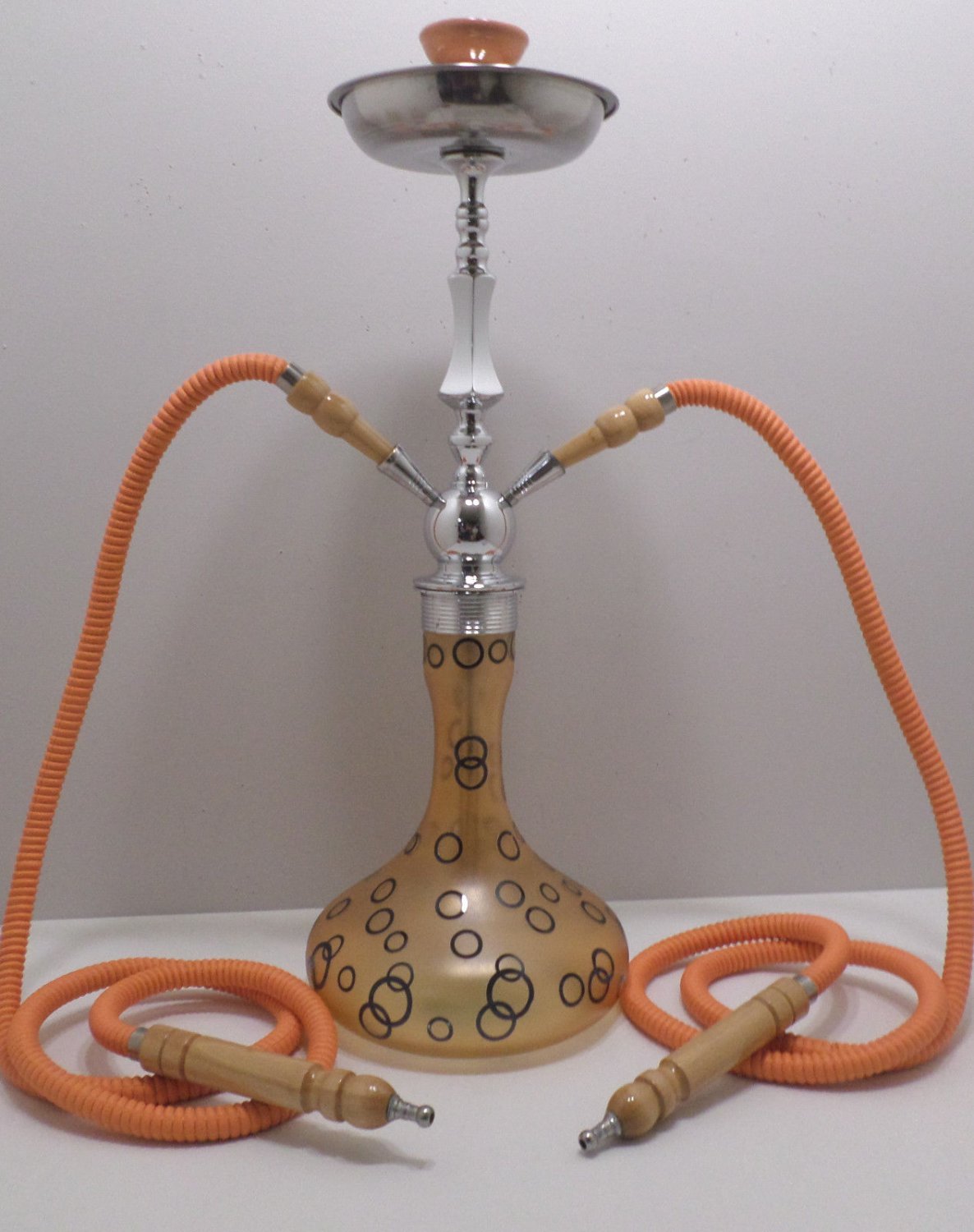 Hookah Two Hoses Orange with Black Circles Frosted Glass Vase Egyptian