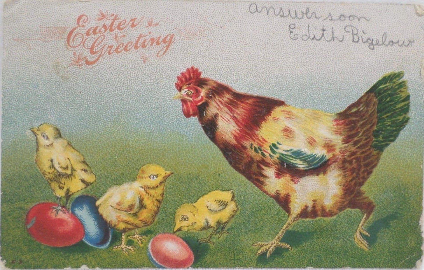 Antique Easter Postcard Baby Chicks Hen Eggs Embossed Posted Divided