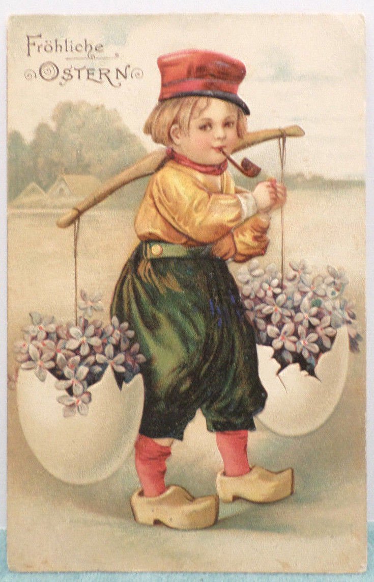 Antique Easter Postcard Boy Smoking a Pipe Embossed Posted Divided