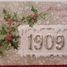 Antique 1909 New Year Postcard Holly Germany Posted Divided Embossed