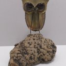 Vintage Brass Owl with Glass eyes Sitting on a Wood Burl